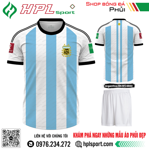 Mẫu áo đấu đội tuyển Argentina sân nhà Worldcup 2022 màu trắng phối xanh MC