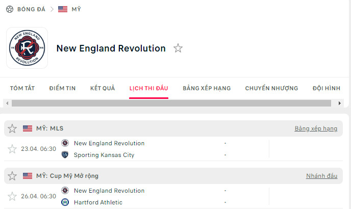 Lịch thi đấu CLB New England 2023